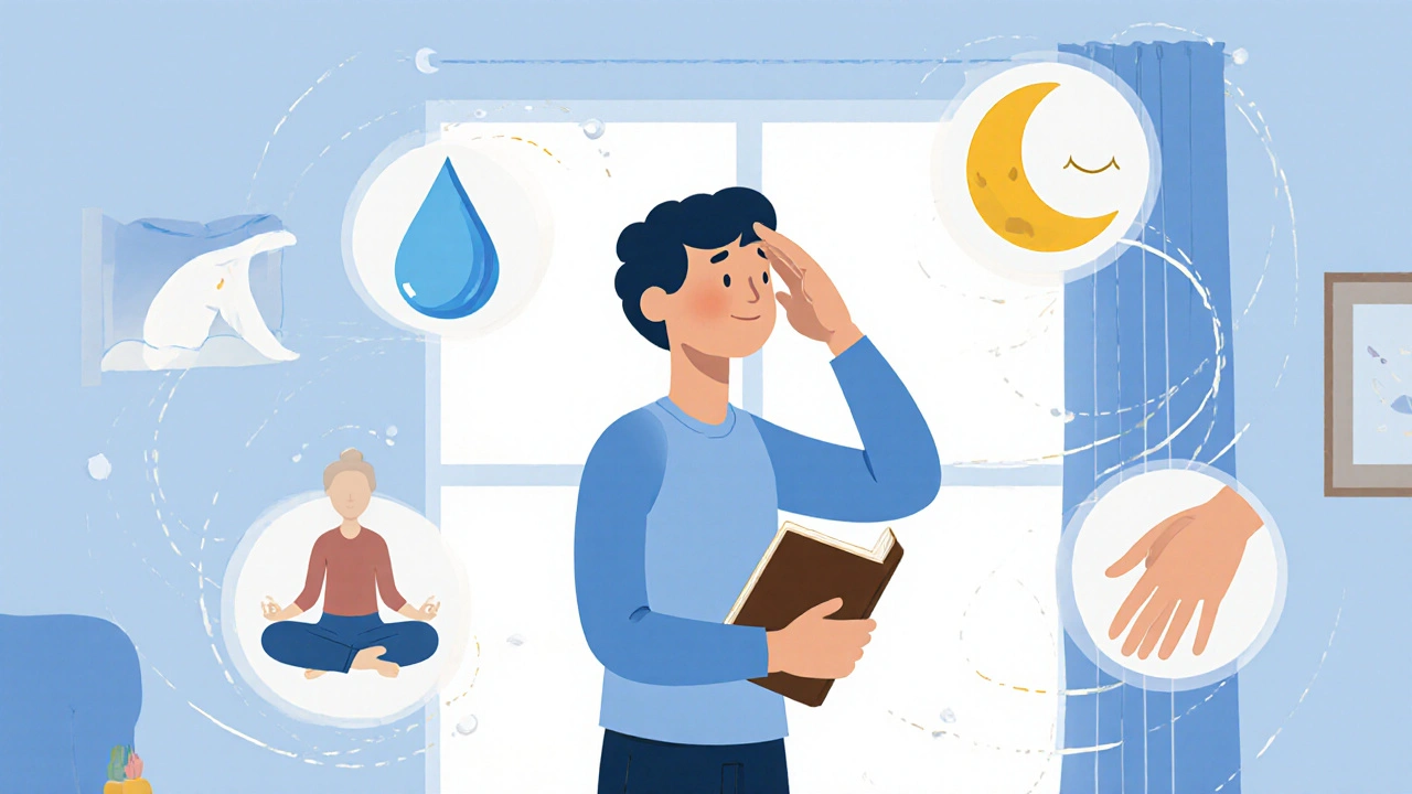 A person stands peacefully amid healing symbols — sleep, hydration, meditation, and therapy — representing recovery from chronic tension headaches.