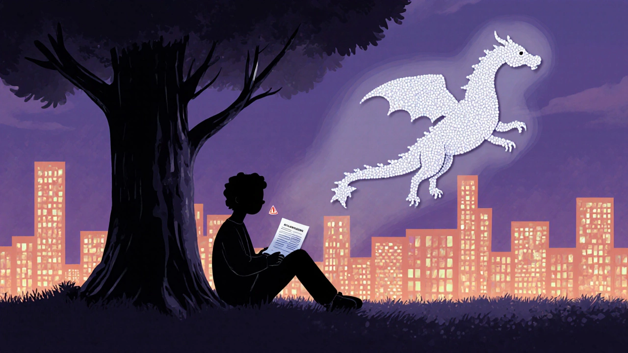 A person under a tree with a blood test report, a protective dragon made of white blood cells hovering nearby in twilight light.