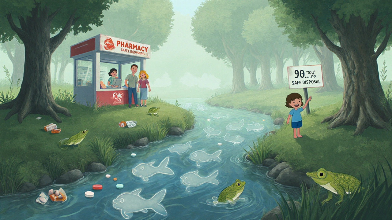A polluted stream with floating pills, contrasted by a family safely disposing of meds at a pharmacy.