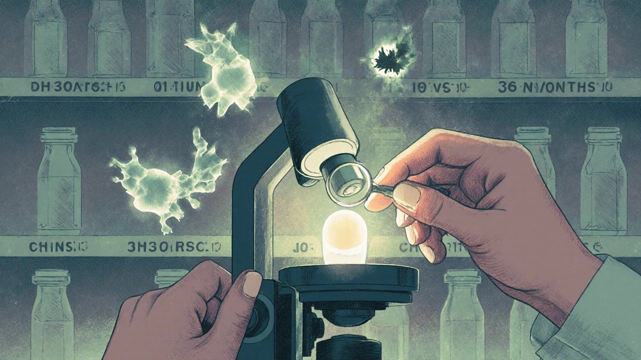 A scientist examining a pill under a microscope, with healthy and degrading molecules floating above it in soft pastel tones.
