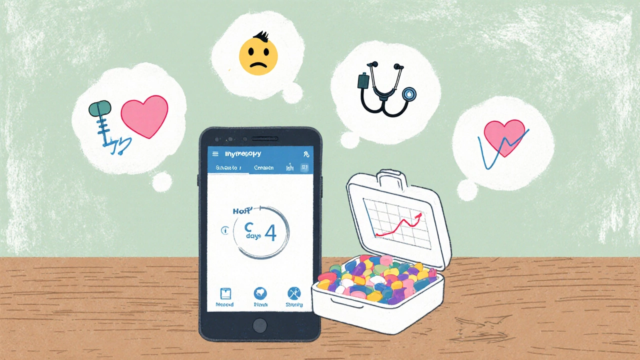 A smartphone showing a medication app with streak counter and health icons beside a pillbox.