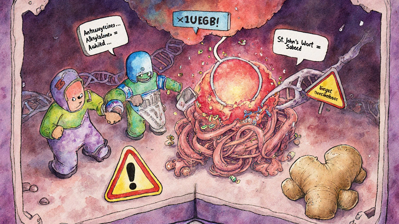 A surreal body battlefield where chemotherapy drugs fight cancer cells while warning signs show dangerous interactions.