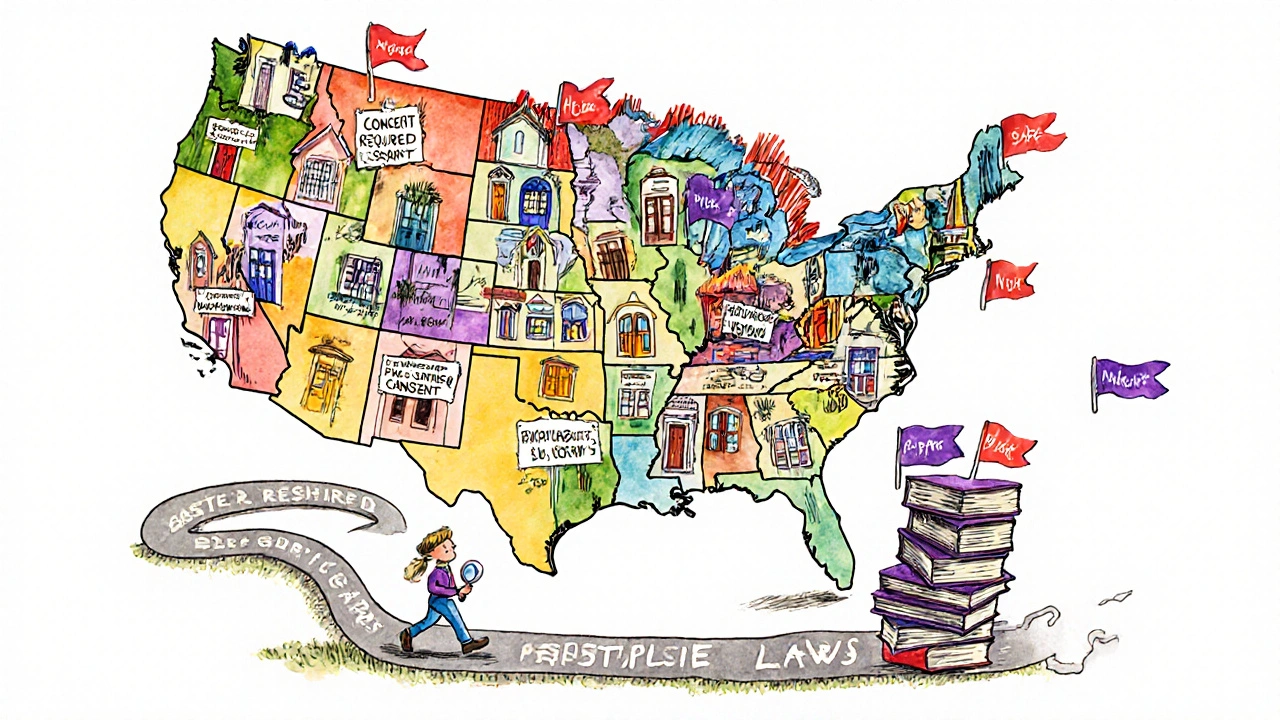 A whimsical map of U.S. states showing different pharmacy substitution laws, with a pharmacist navigating state-by-state rules.