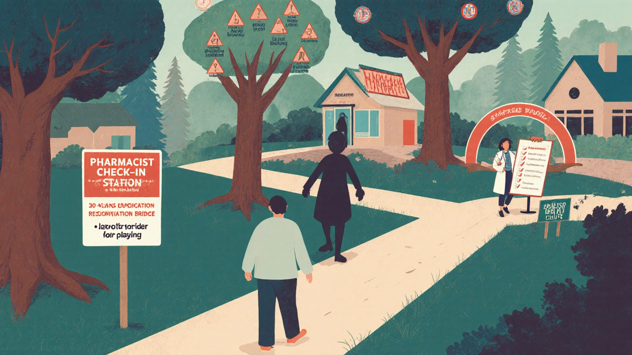 A whimsical map showing a patient’s journey after hospital discharge, with landmarks for medication checks and warning signs.