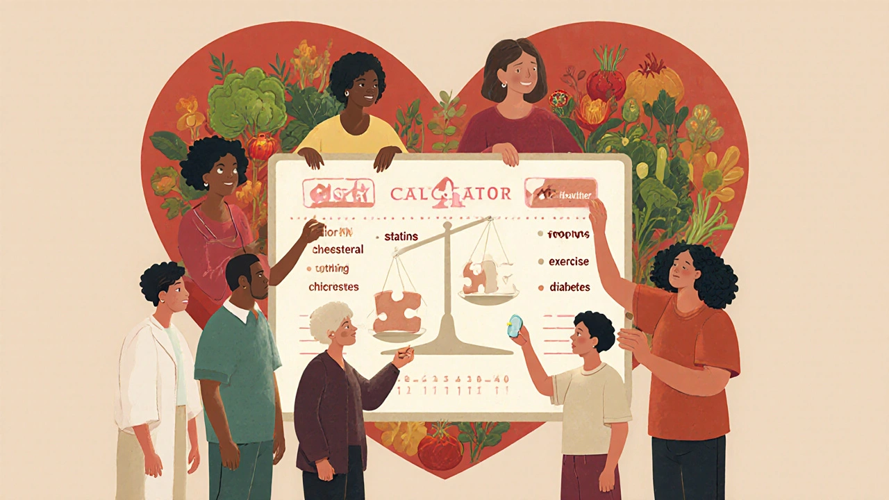 Adults using a glowing risk calculator with healthy lifestyle pieces balancing against aspirin