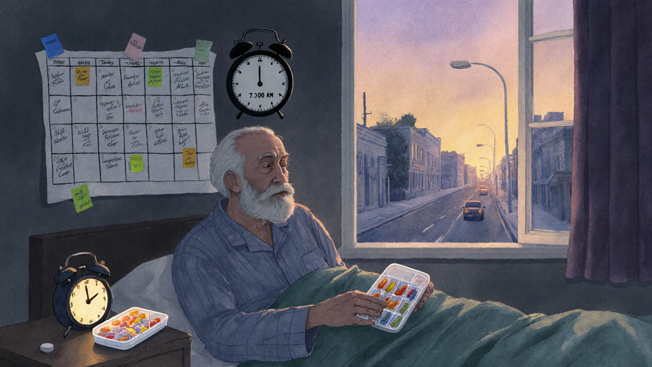 An elderly man holding a printed medication schedule beside a simple pill organizer at dawn.