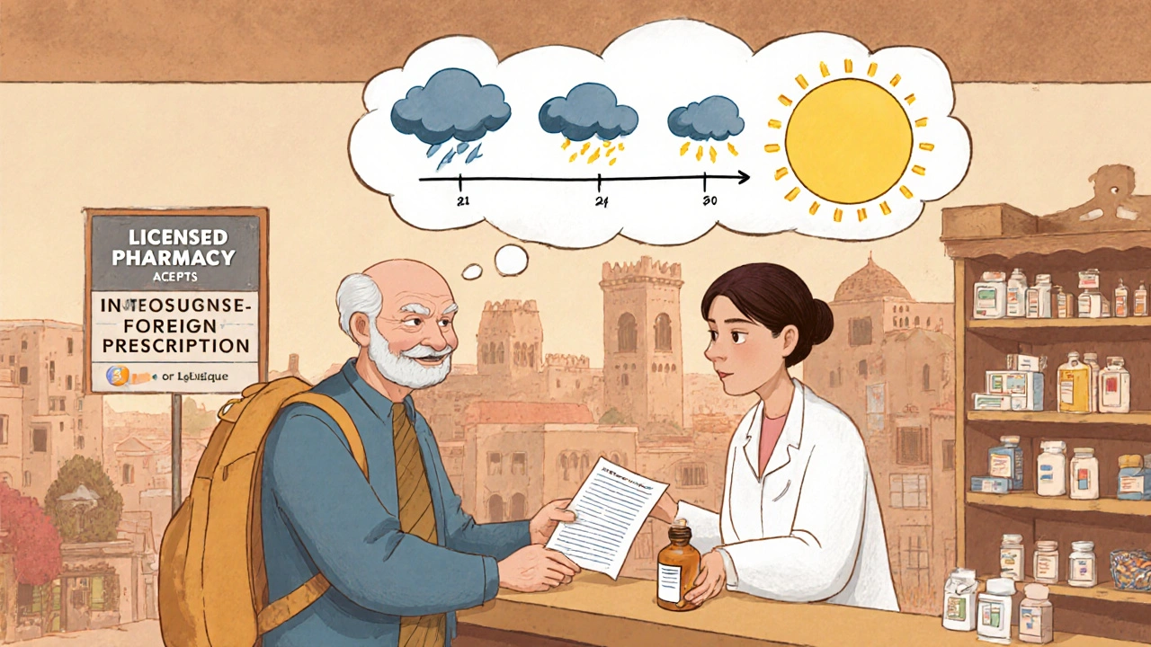 Elderly traveler receiving medication at a foreign pharmacy with a doctor&#039;s note and reassuring atmosphere.