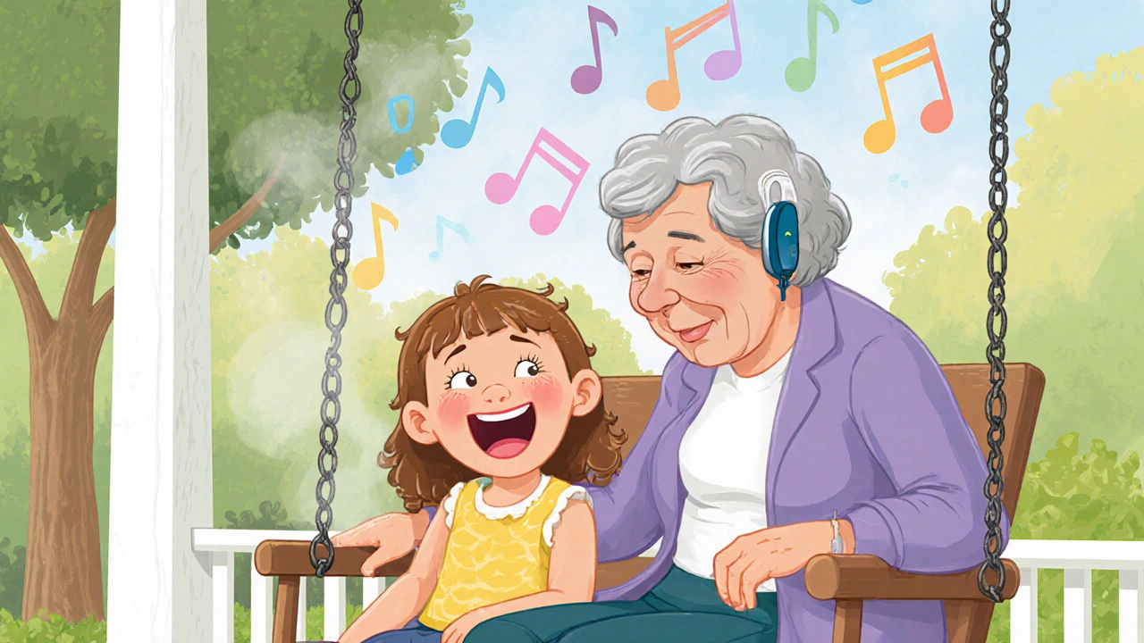 Grandmother and granddaughter on a porch swing; musical notes vanish as the grandmother strains to hear.