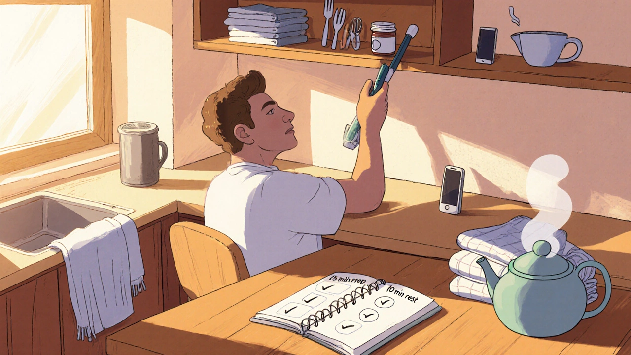 Person using adaptive tools in a kitchen, seated and organizing daily tasks with smart devices nearby.