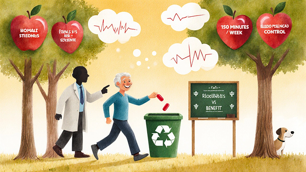 Senior walking in park tossing aspirin into recycling bin while healthy habits grow around them