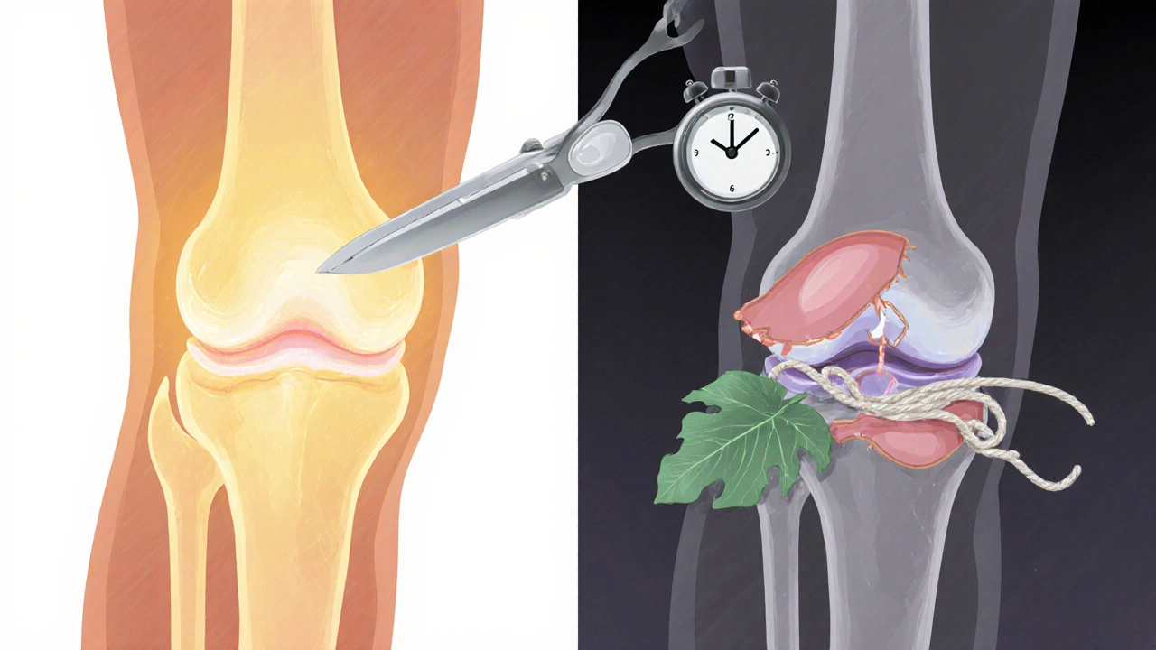 Side-by-side comparison of a healthy knee and a damaged knee with torn ligaments and cartilage.