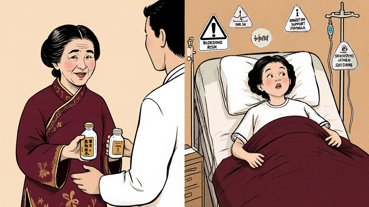Split scene: A woman giving Danshen to a doctor on one side, and lying in a hospital bed with warning symbols floating around her on the other.