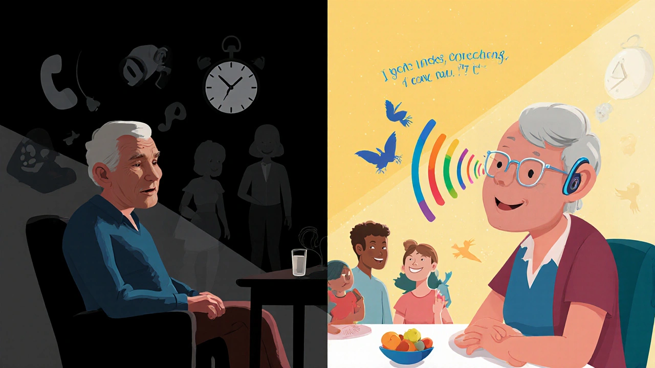 Split scene: lonely senior in shadows vs. same person connected to loved ones with glowing sound waves.