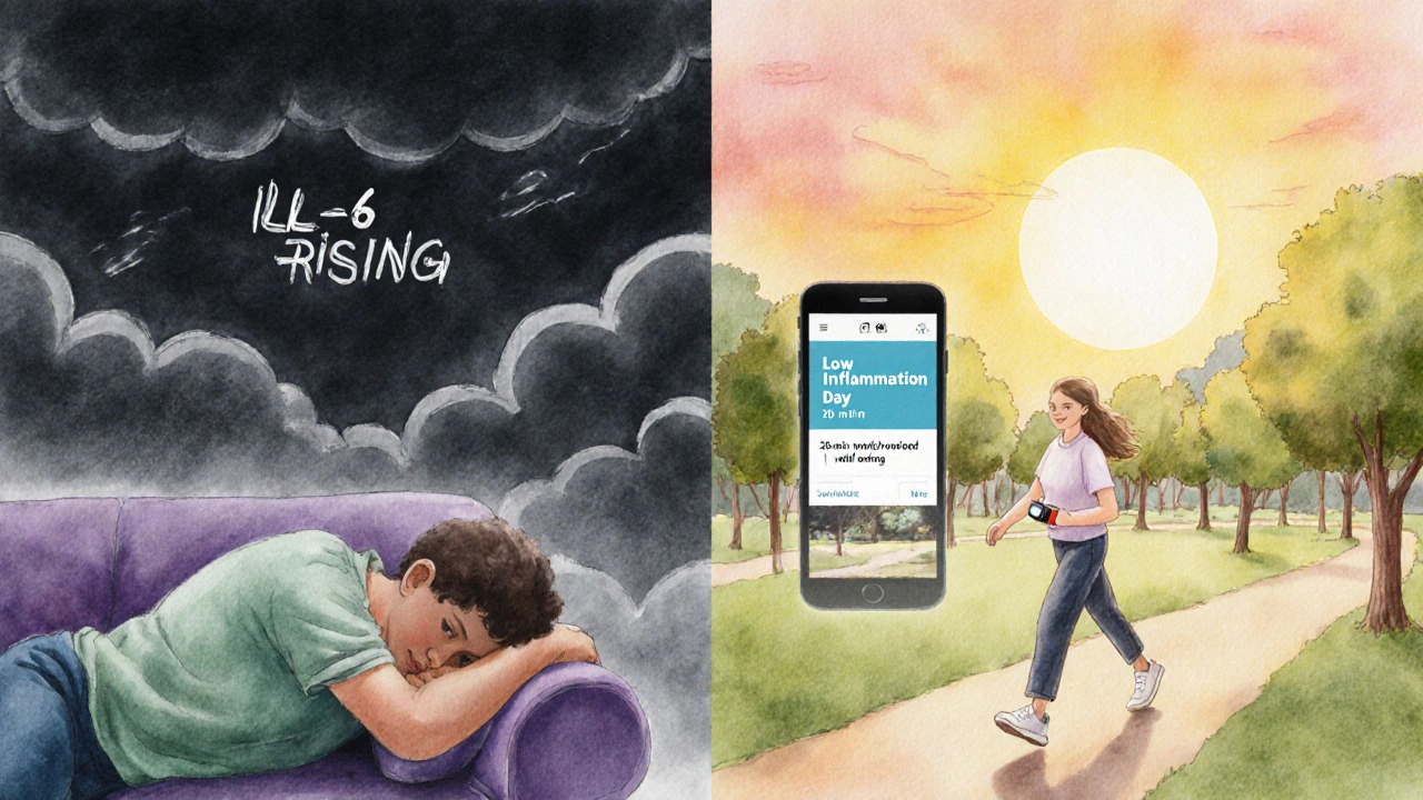 Split scene: person resting during a flare vs. walking peacefully outdoors with a wearable health tracker.
