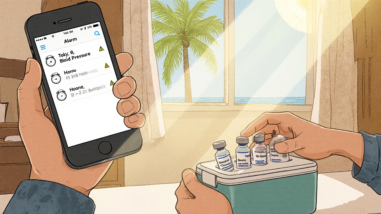 Traveler storing insulin in a cooler beside a window with phone alarms labeled for medication times.