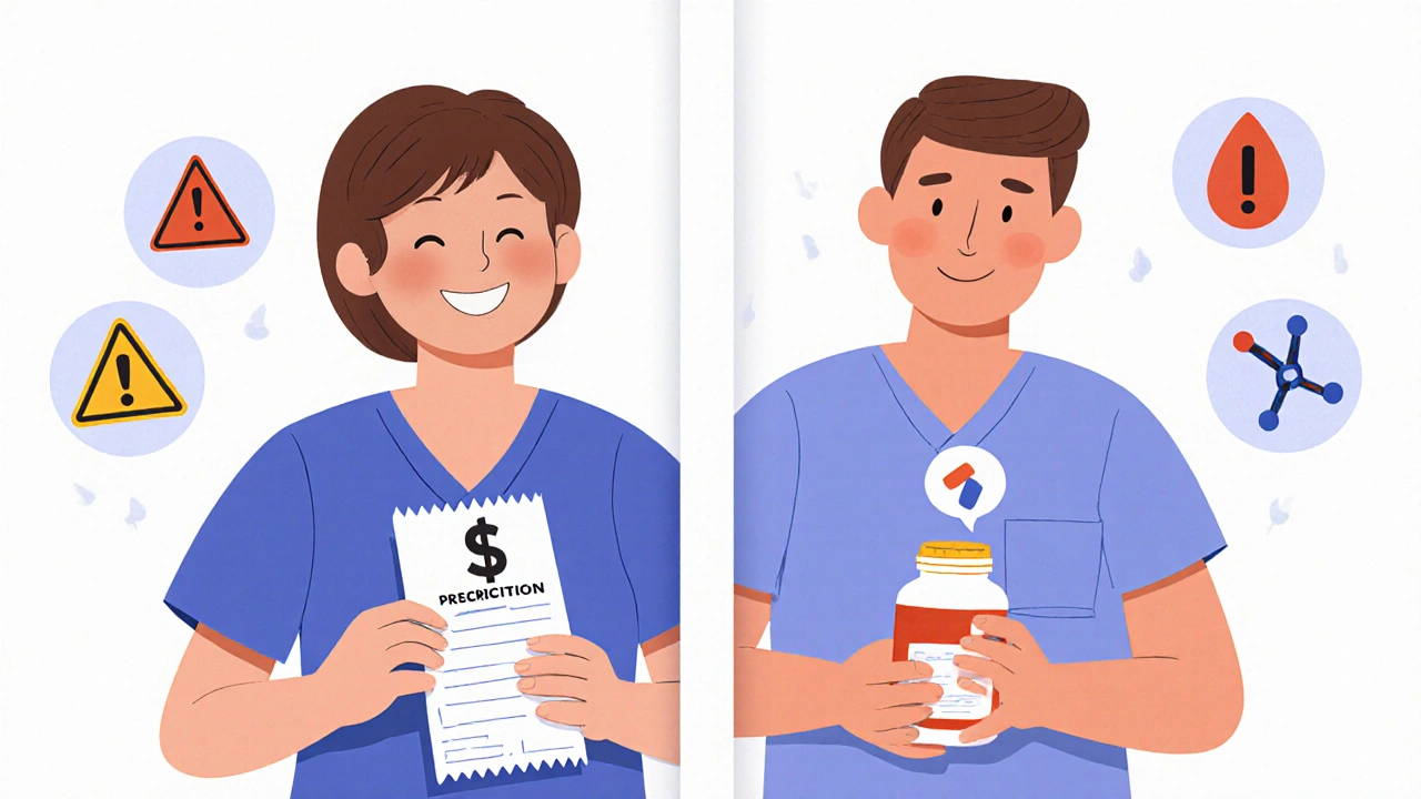 Two patients reacting differently to generic medication swaps, with medical warning icons floating around them.