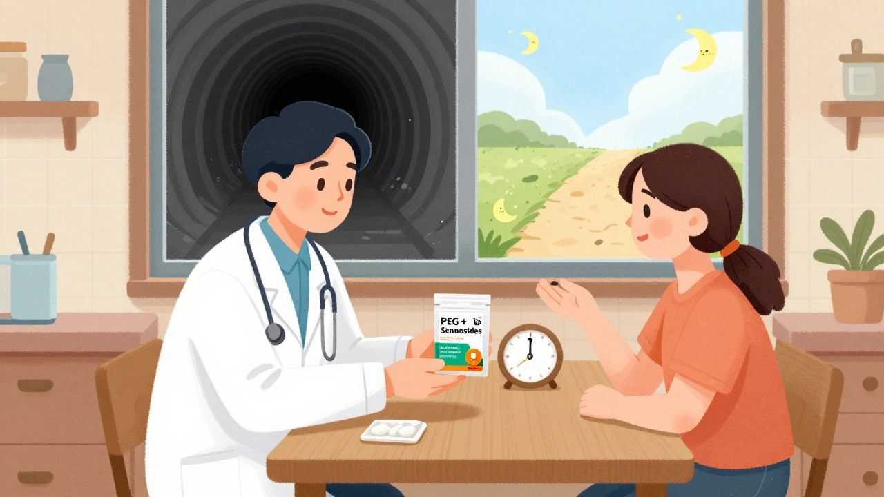 A doctor gives laxatives on Day 1, showing a split window: blocked tunnel vs. bright open path.