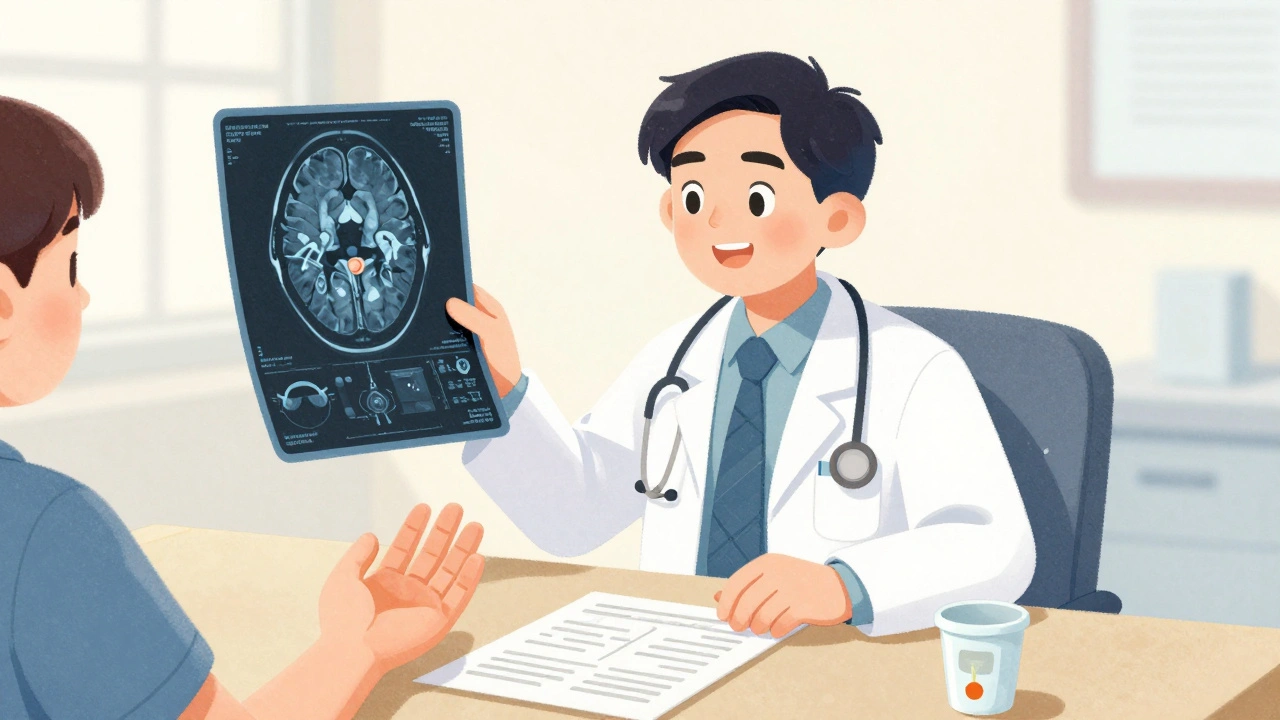 A doctor showing an MRI of a pituitary tumor beside a patient&#039;s hand compared to an old photo.