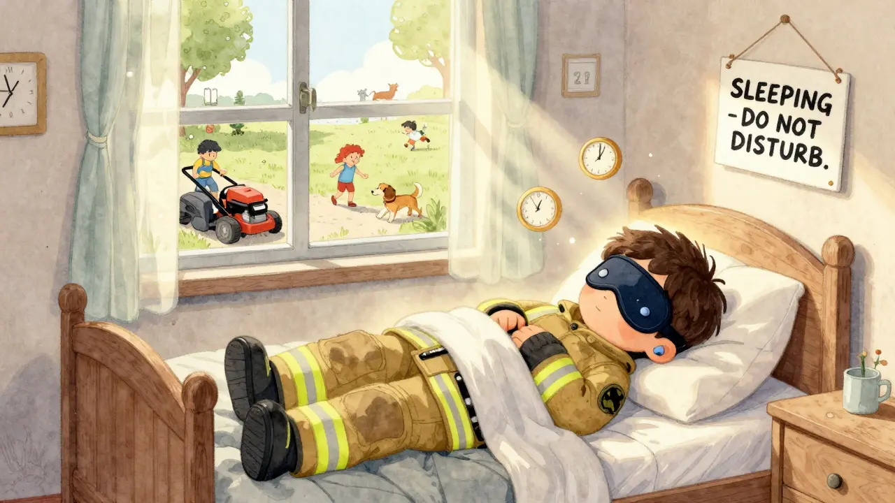 A firefighter sleeps in a sunlit bedroom during daytime, wearing a sleep mask, while outside life goes on—sign on door says 'Sleeping - Do Not Disturb'.