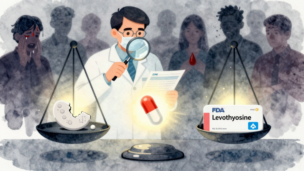 A glowing levothyroxine pill balanced perfectly beside a wobbly generic, with a pharmacist using a magnifying glass.