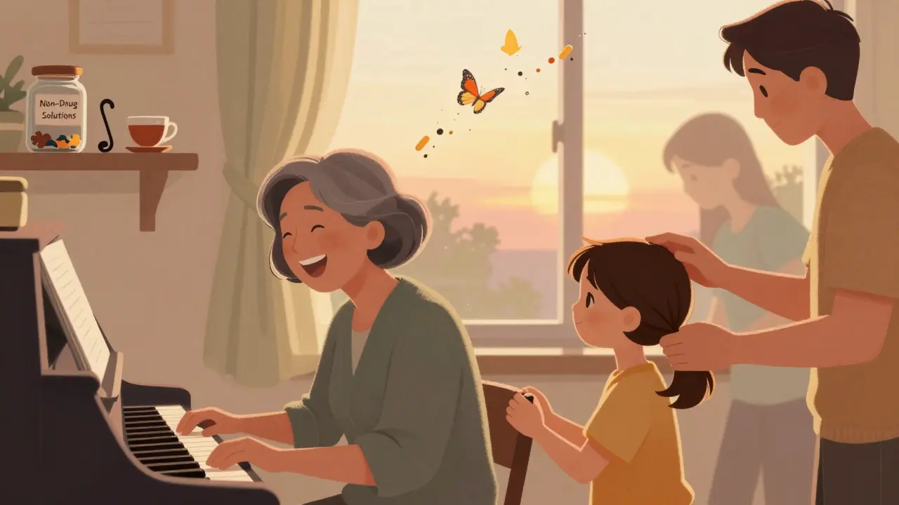 A grandmother enjoying music and touch with caregivers, while harmful pills fade away like butterflies.