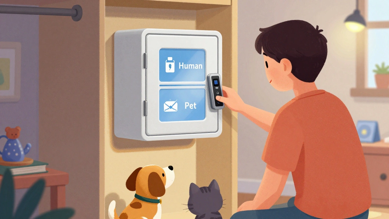 A locked medication safe on a closet door with pet and human labels, out of reach of a curious dog and cat.