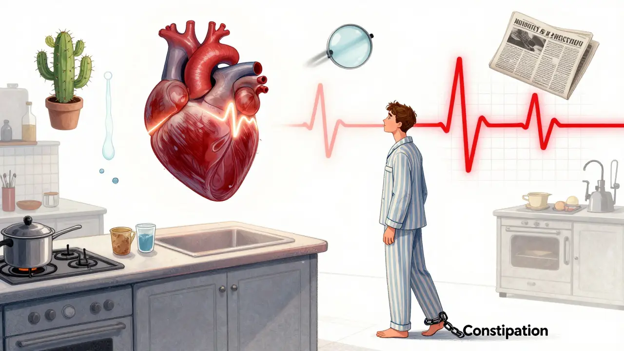 A man in pajamas facing a glowing heart with ECG waves, surrounded by floating symbols of TCA side effects.