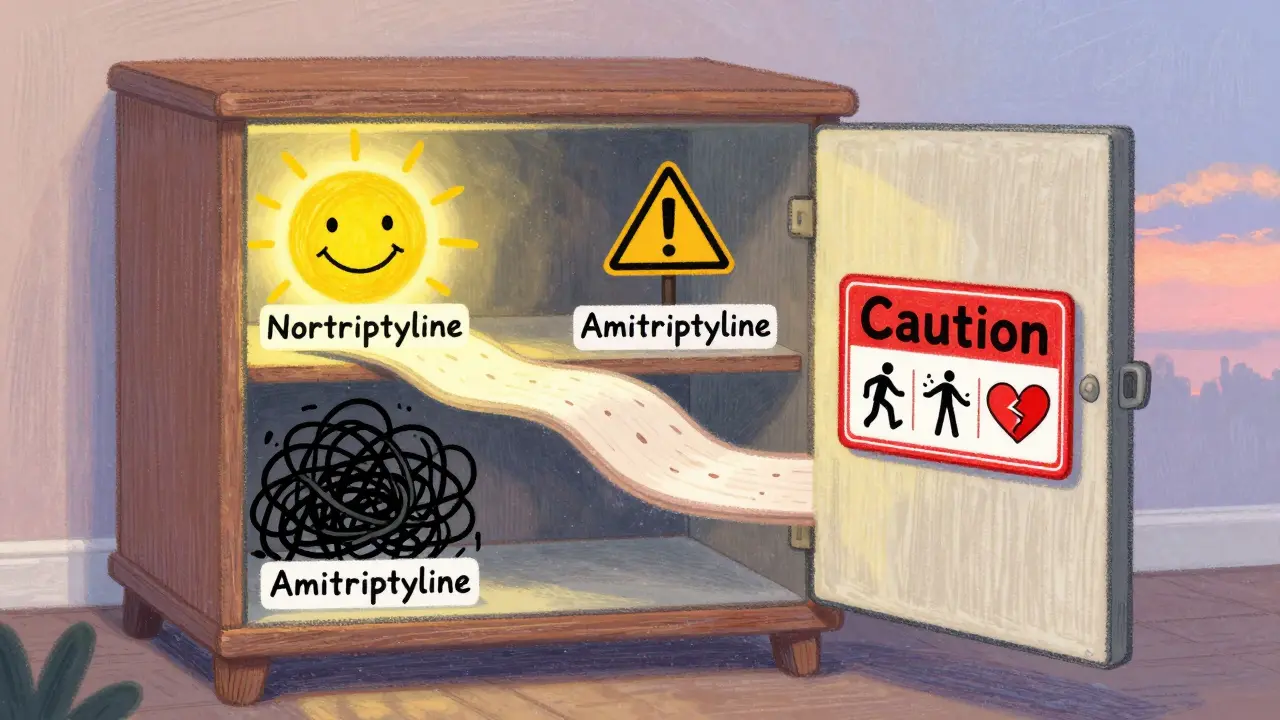 A medicine cabinet opening to three paths showing different TCA experiences with warning signs and hopeful symbols.
