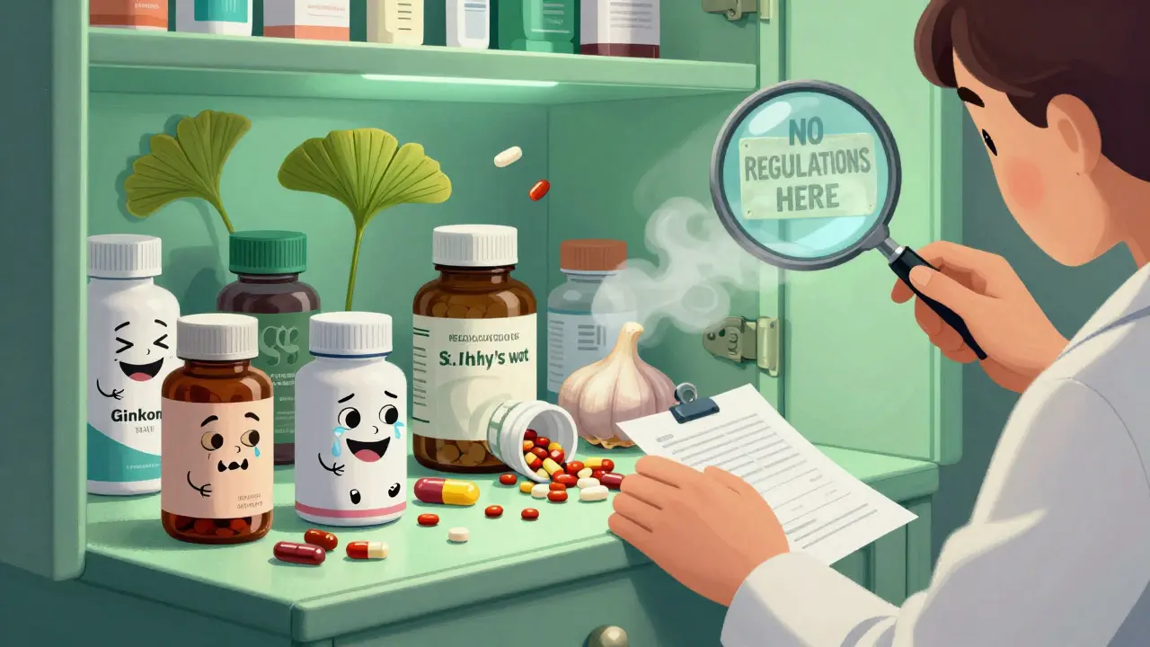 A medicine cabinet spilling dangerous supplements that are dissolving prescription pills, with a pharmacist’s magnifying glass nearby.