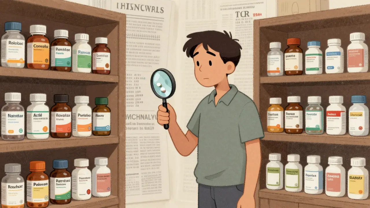 A middle-aged person examining a generic pill label with a magnifying glass, surrounded by price tags and news headlines.