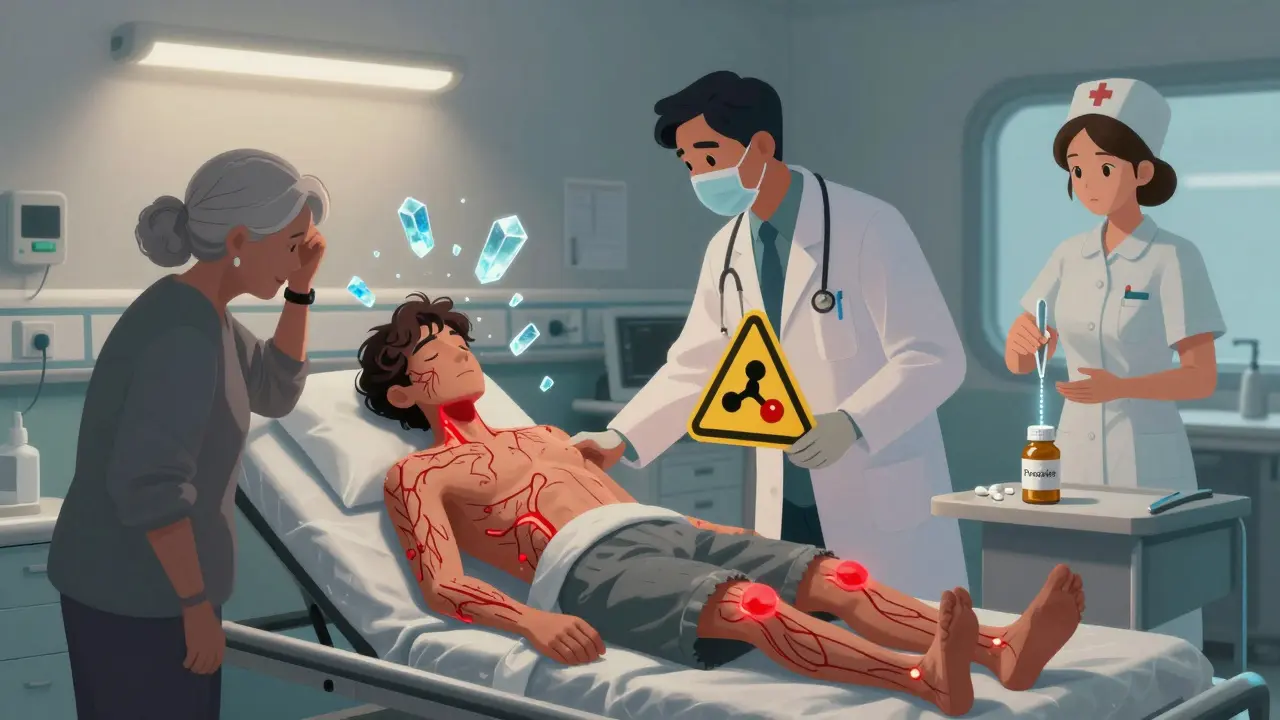 A patient in an emergency room with glowing veins and serotonin warnings, being helped by a doctor.