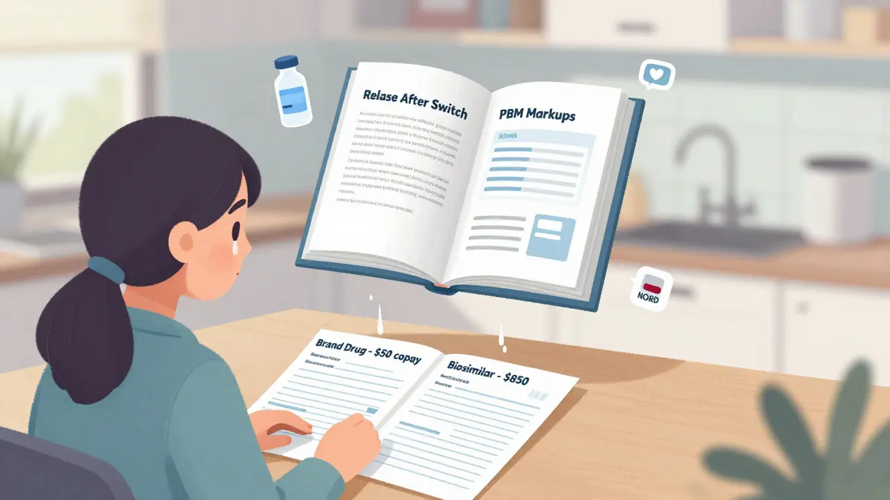 A patient stares at two medical bills, one affordable and one exorbitant, with warnings about treatment failure floating above.