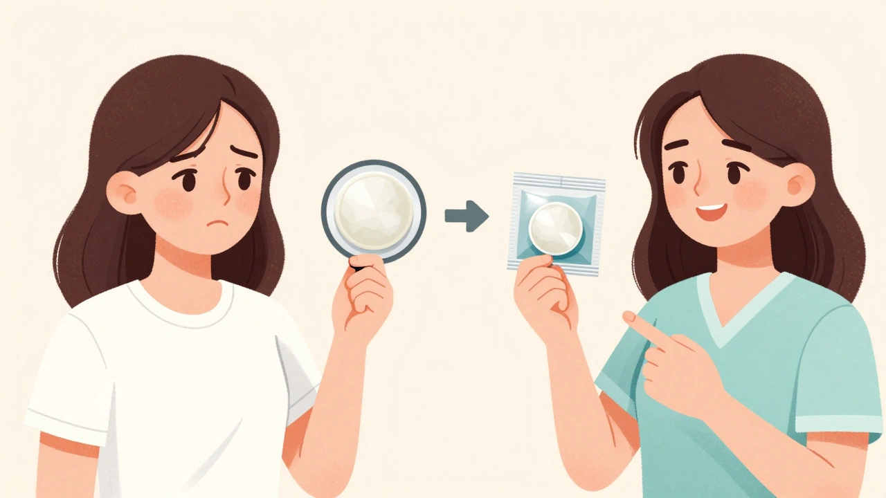 A patient with celiac disease comparing a wheat-containing generic pill to a safe authorized generic with corn starch.