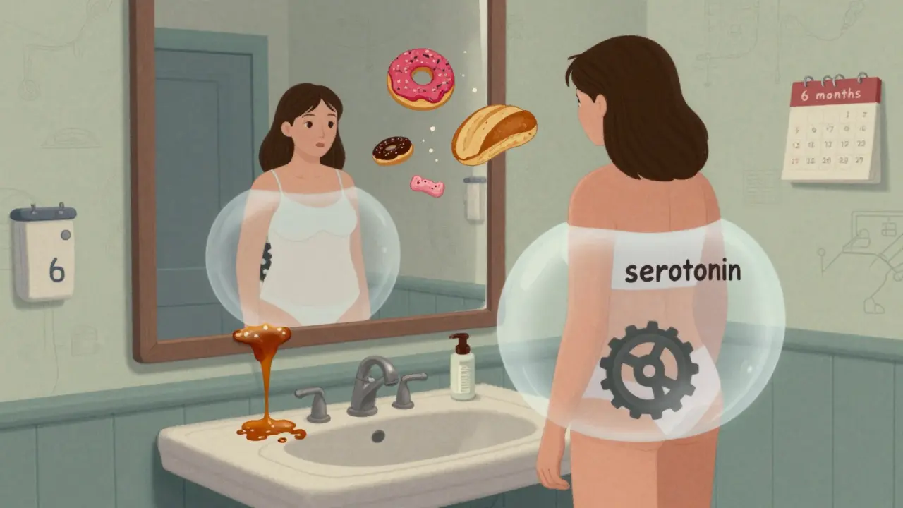 A person in a bathroom seeing their reflection with weight gain, slow metabolism gears, and carb cravings around them.