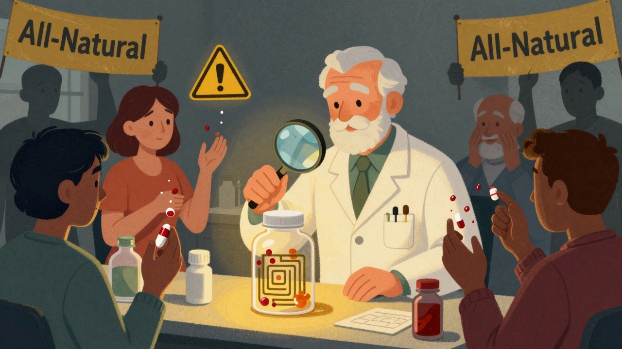 A pharmacist using a magnifying glass to reveal hidden chemicals in a supplement, with worried customers nearby.