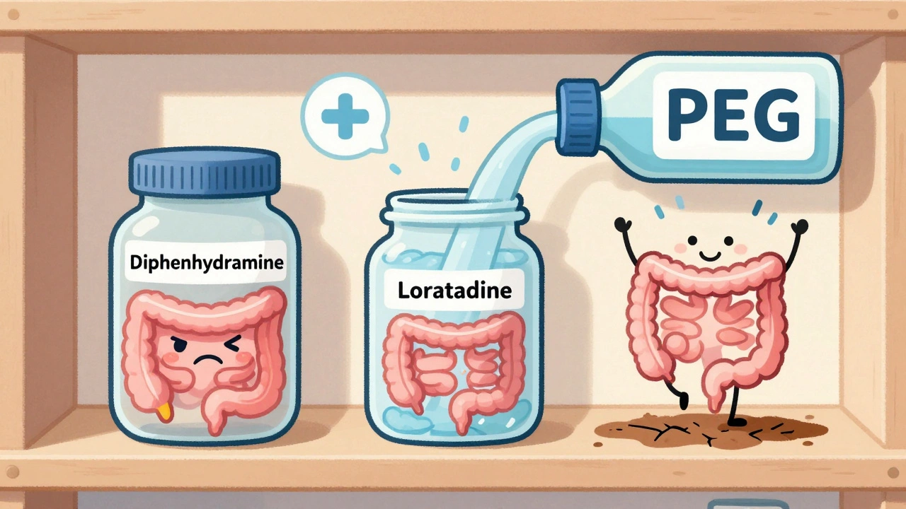 A pharmacy shelf shows old antihistamine slowing the gut, while newer meds bring it to life with gentle rain.