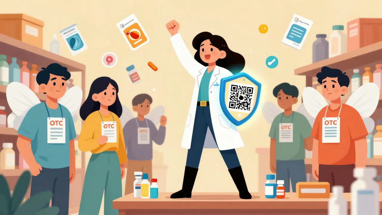 A pharmacy superheroine holding a QR code shield while shoppers transform around her.