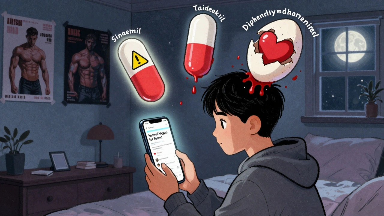 A teen staring at his phone as harmful pills hover above him, surrounded by a dim bedroom with glowing warnings.