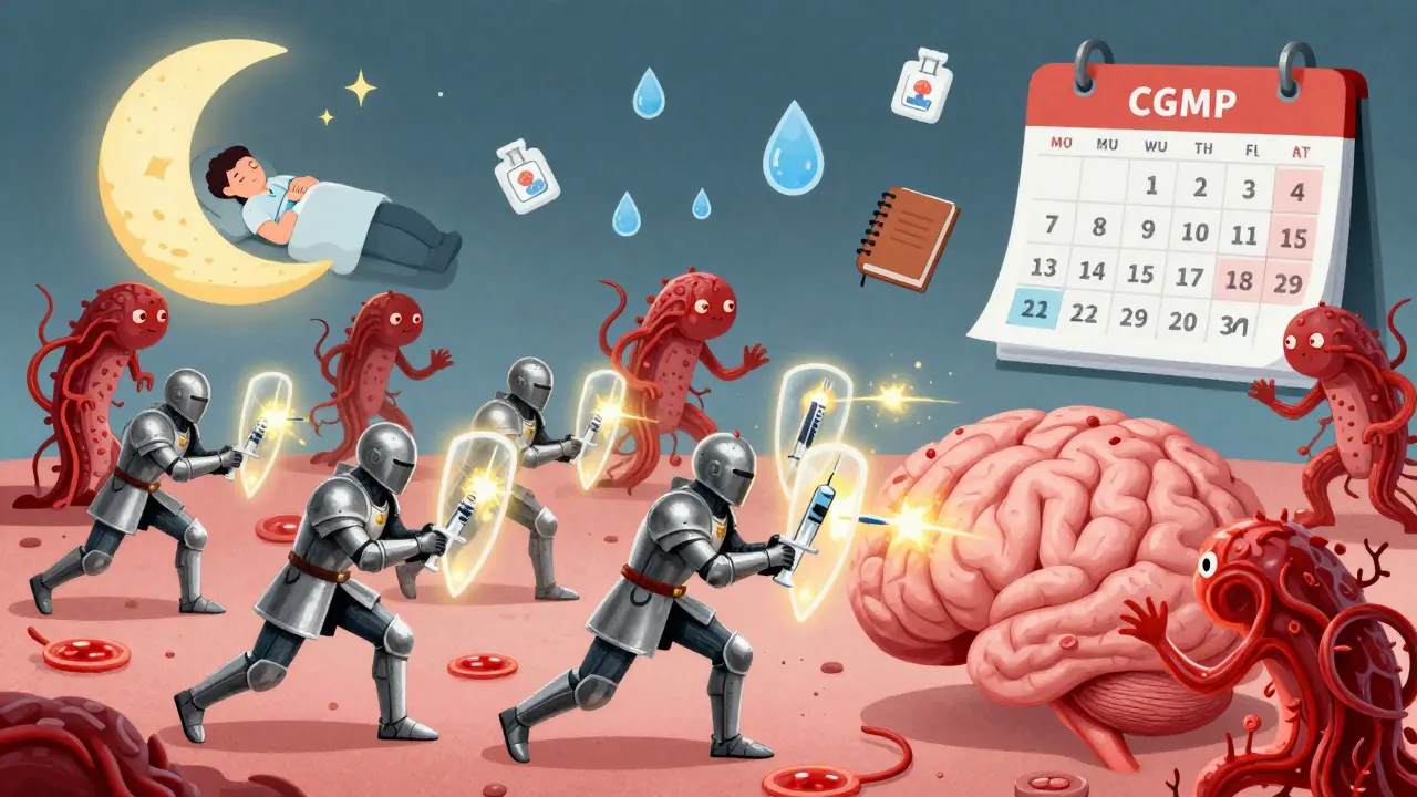 A whimsical brain battlefield with triptan soldiers fighting CGRP monsters and antibody shields.