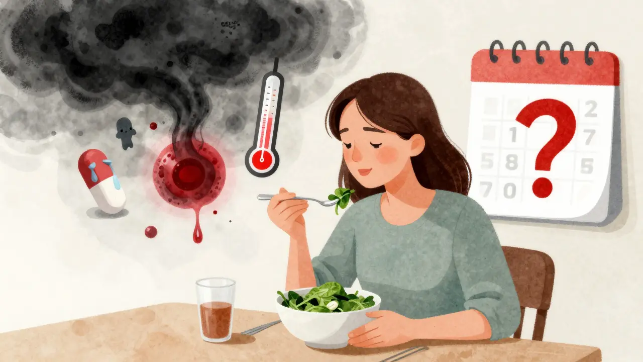 A woman eating spinach while ghostly images show dangerous blood clotting and rising INR levels above her.