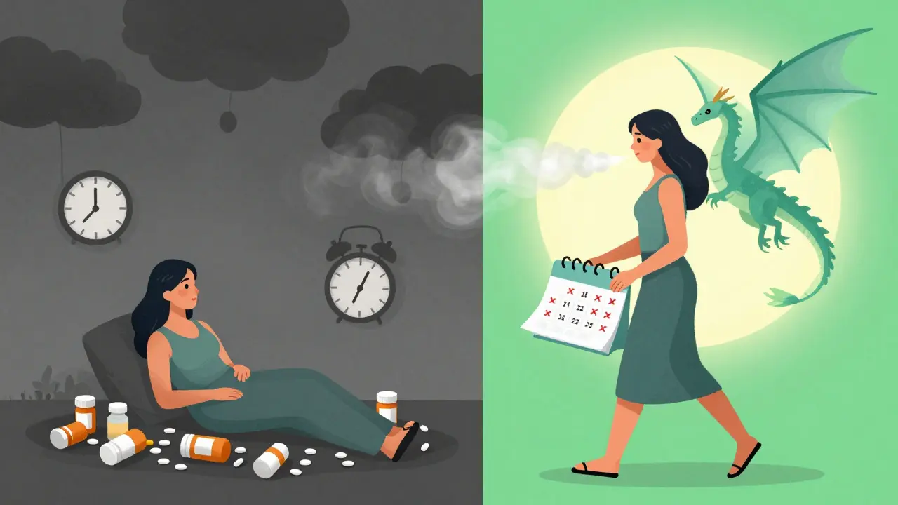 A woman’s life before and after migraine prevention — dark chaos vs. calm sunlight with a protective dragon.
