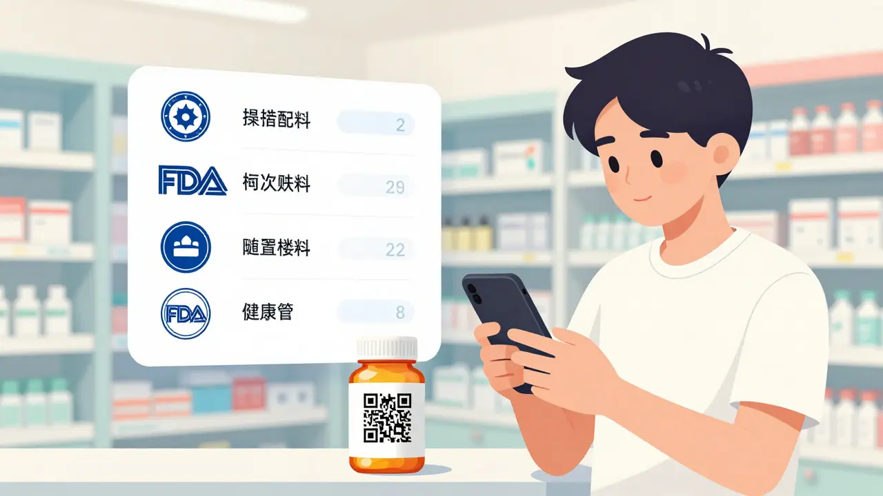 A young person scanning a generic medicine bottle with a phone, showing FDA approval data floating in the air.