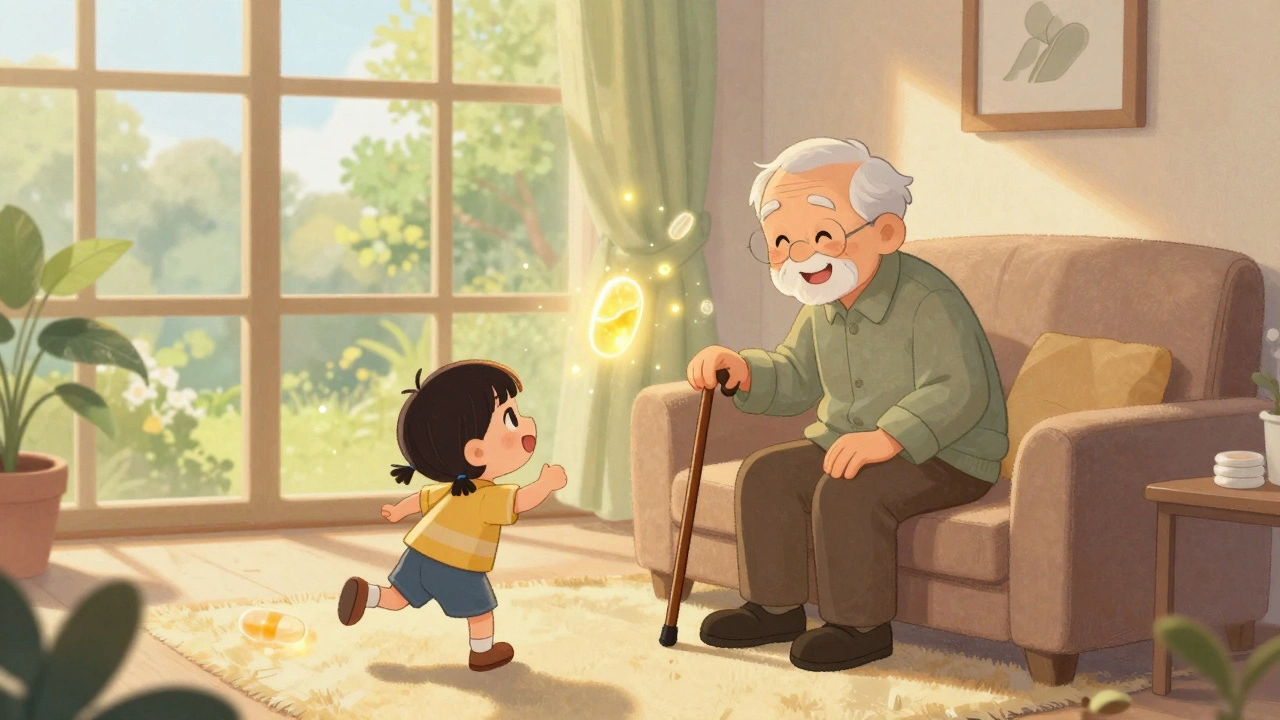 An elderly person smiling as a child runs toward them, with riluzole tablets floating like fireflies in a sunlit room.