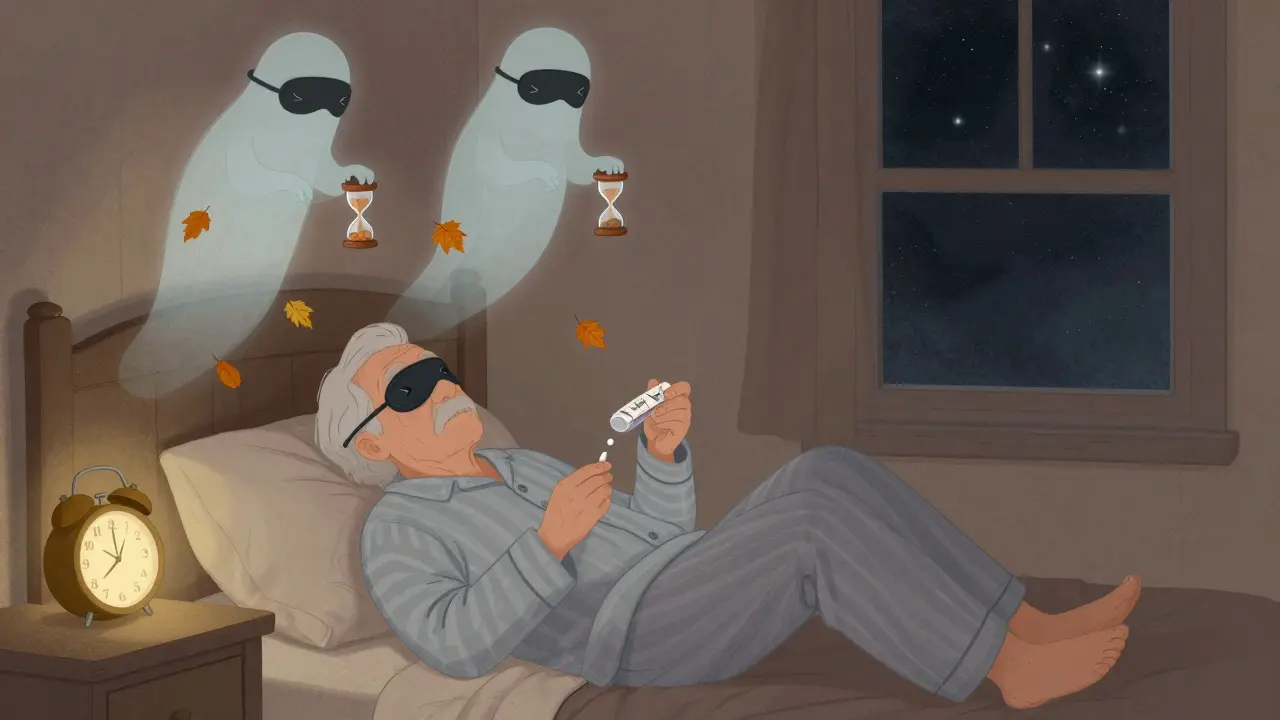 An older adult taking nighttime medication as ghostly sleep figures drift down beside them.