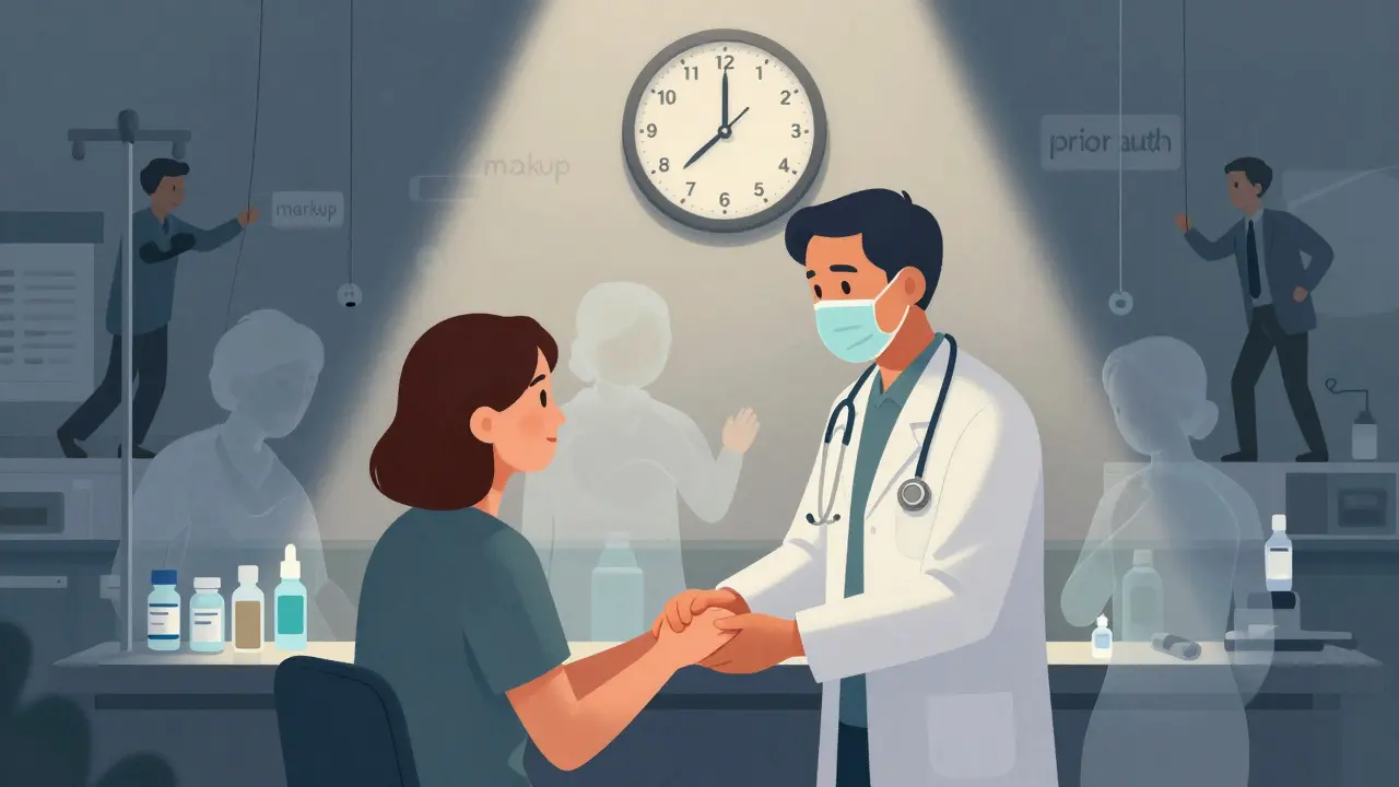 An oncologist supports a patient during infusion, while biosimilars fade like ghosts and PBMs pull strings behind them.