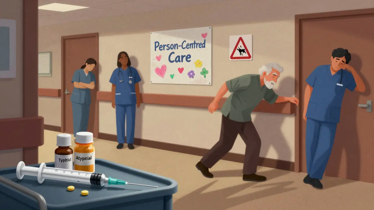 Caregivers struggling to calm a senior in a nursing home, with antipsychotic bottles casting dark shadows.