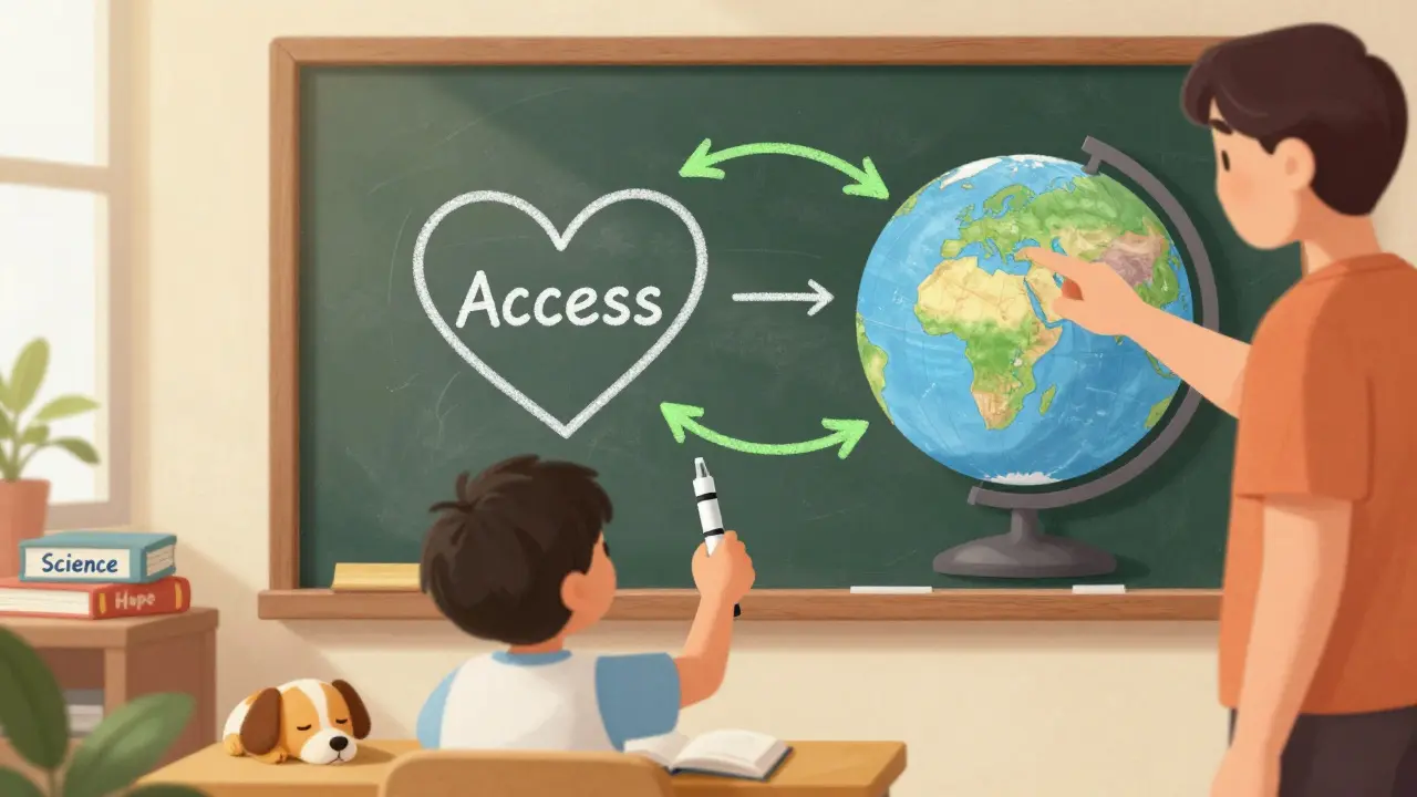 Child draws an insulin pen on a chalkboard while an adult points to a globe showing global access to biosimilars.