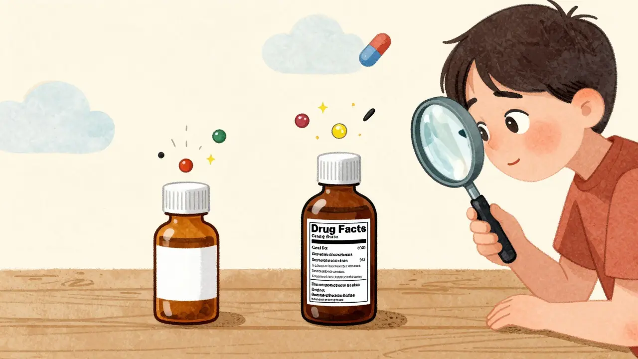 Children's and adult cold medicines releasing active ingredient icons on a wooden table.