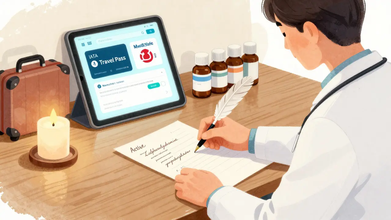 Doctor writing letter with medicine ingredients, labeled bottles and travel apps visible on desk