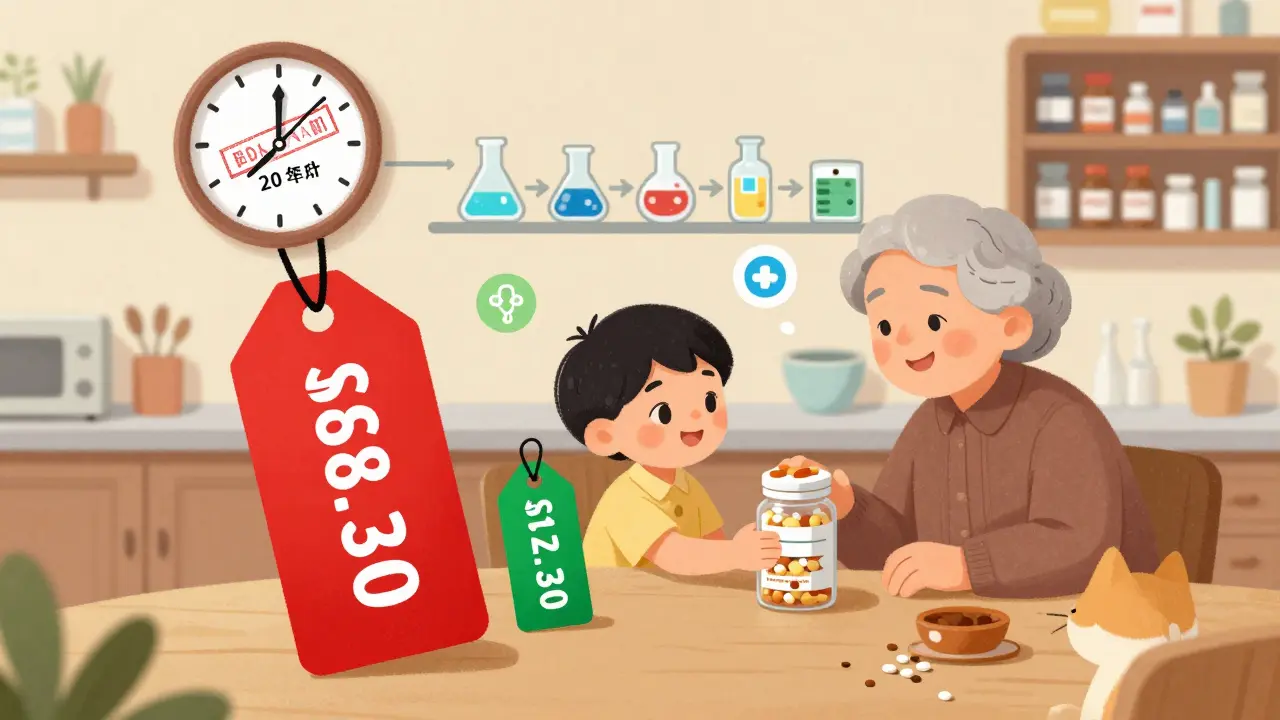 Family comparing price tags of brand-name and generic medication at a kitchen table with a patent expiration clock above.